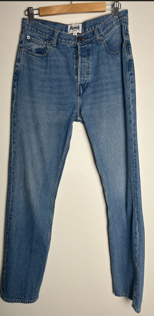 Rouje Paris Denim Jeans Indigo Blue High Waist Button Fly Straight Leg Size 32